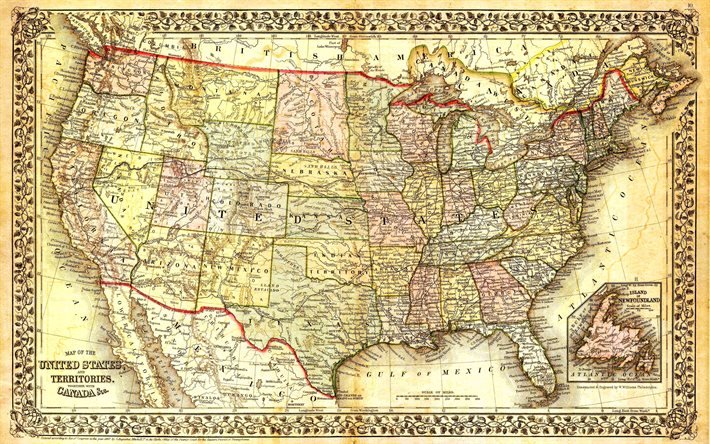 vieille carte am&#233;ricaine, 4k, carte des Etats-Unis, vieille texture de papier, carte des USA, illustration, carte des ETATS-UNIS, carte de Papier USA, carte am&#233;ricaine, Etats-Unis d’Am&#233;rique