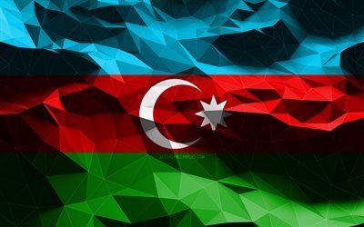4k, Azerbaycan bayrağı, al&#231;ak poli sanat, Asya &#252;lkeleri, ulusal semboller, 3D bayraklar, Azerbaycan, Asya, Azerbaycan 3D bayrağı
