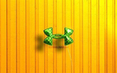 Under Armour 3D logo, 4K, green realistic balloons, yellow wooden backgrounds, sports brands, Under Armour logo, Under Armour
