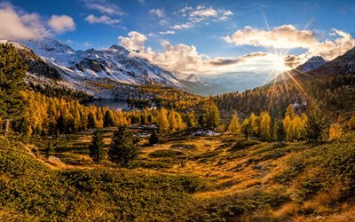 Switzerland, 4K, mountains, autumn, Valdidentro, sunset, Alps, beautiful nature, Europe, Swiss Alps