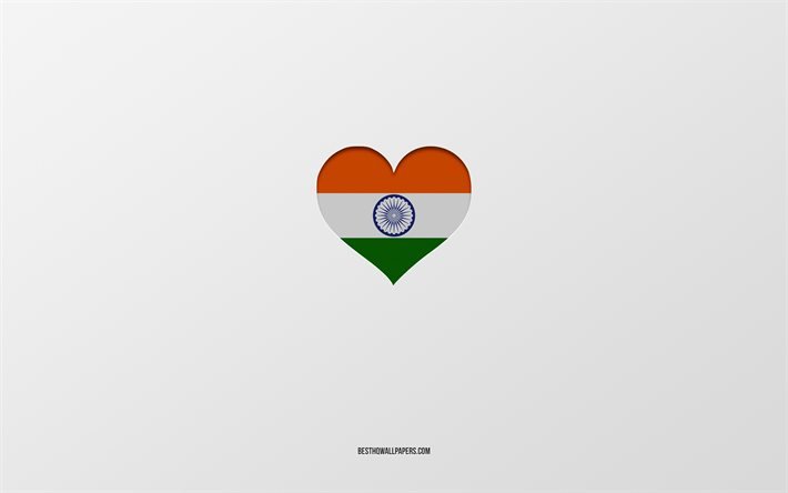 J&#39;aime l&#39;Inde, les pays d&#39;Asie, l&#39;Inde, fond gris, coeur de drapeau de l&#39;Inde, pays pr&#233;f&#233;r&#233;, aime l&#39;Inde