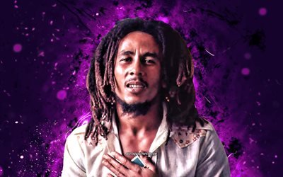 Bob Marley, 4k, Jamaikalı m&#252;zisyen, mor neon ışıkları, m&#252;zik yıldızları, &#252;nl&#252; jamaikalı, yaratıcı, Robert Nesta Marley, Bob Marley 4K