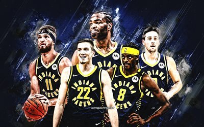 Indiana Pacers, American Basketball Club, NBA, Blue Stone Background, Basketball, USA, Victor Oladipo, Domantas Sabonis, Myles Turner