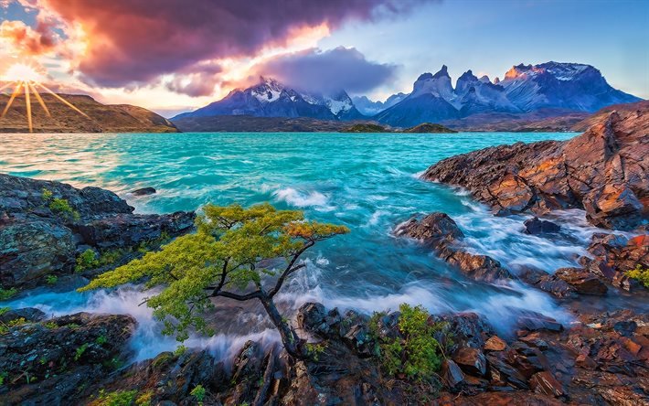 Torres del Paine nationalpark, solnedg&#229;ng, hav, berg, Patagonia, chilensk natur, Sydamerika, h&#228;rlig natur