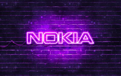 Nokia violet logo, 4k, violet brickwall, Nokia logo, artwork, Nokia neon logo, Nokia