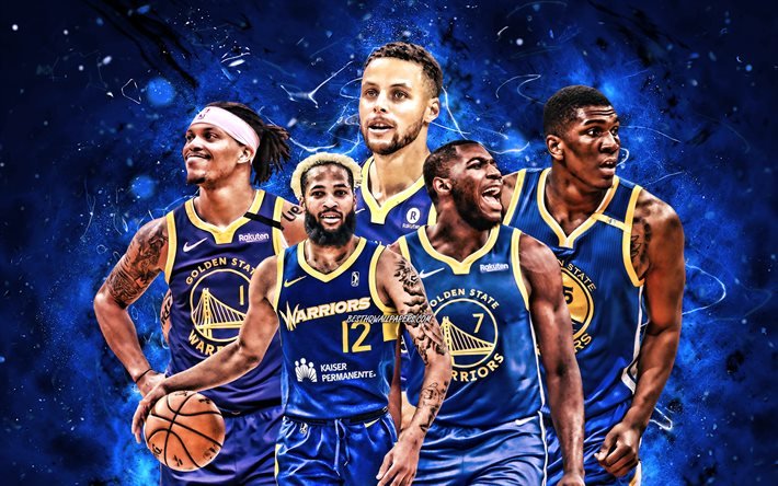 Damion Lee, Ky Bowman, Stephen Curry, Eric Paschall, Kevon Looney, 4k, Golden State Warriors, basket, NBA, Golden State Warriorsteam, bl&#229; neonljus, basketstj&#228;rnor