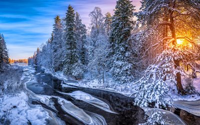 Finland, winter, forest, river, snowdrifts, sunset, Kuusamo, Europe, beautiful nature, winter landscapes, HDR