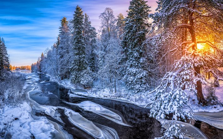 Finlandiya, kış, orman, nehir, kar yığınları, g&#252;n batımı, Kuusamo, Avrupa, g&#252;zel doğa, kış manzaraları, HDR