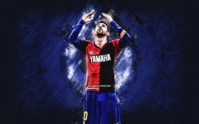 Lionel Messi, FC Barcelona, Argentine soccer player, blue stone background, football, Messi in Maradona shirt