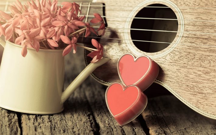 guitarra, corazones rojos, amor, dos corazones