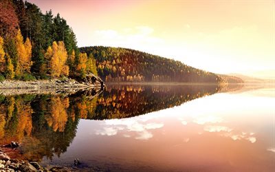 outono, lago, floresta, paisagem de outono, Alemanha, Min&#233;rio De Montanhas, O erzgebirgskreis distrito