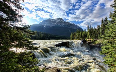 Canada, cascate, Fiume Bow, foresta, montagne, Alberta, Nord America
