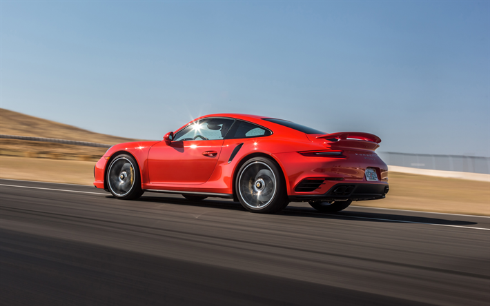 La Porsche 911 Turbo S, 2017, 4k, coup&#233; sport, rouge, voiture de course, les voitures allemandes