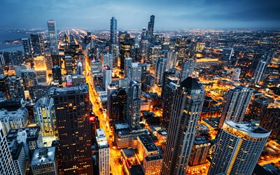 Chicago, 4k, USA, pilvenpiirt&#228;ji&#228;, illalla, metropoli, kaupungin valot, Illinois
