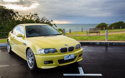 BMW M3, 4k, E46, tuning, BMW 3-series, parking, yellow m3, BMW