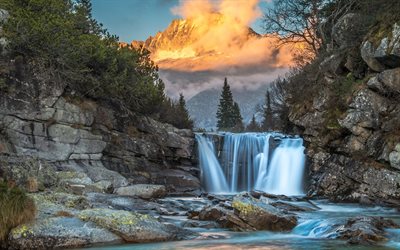 cachoeira, rio de montanha, floresta, p&#244;r do sol, montanhas, EUA