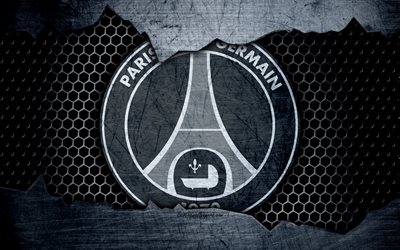 4k, PSG, logo in metallo, il Paris Saint-Germain, Liga 1, logo, grunge, calcio, squadra di calcio, Ligue 1, l&#39;arte, il PSG FC
