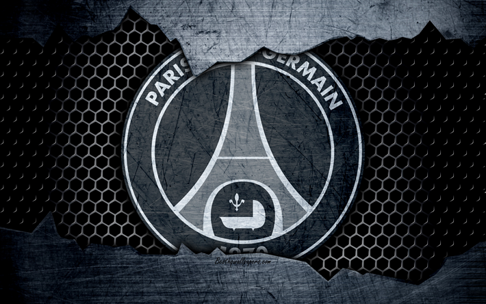 4k, PSG, metal logo, Paris Saint-Germain, Liga 1, logo, grunge, soccer, football club, Ligue 1, art, PSG FC