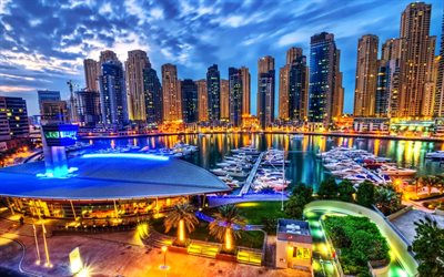 Dubai, HDR, molo, paesaggi notturni, EMIRATI arabi uniti, grattacieli, pier, Emirati Arabi Uniti