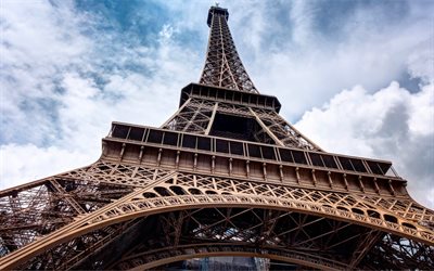 4k, Eiffel Tower, french landmarks, sky, Paris, France
