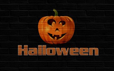 Halloween, pumpkin, autumn holidays, wall texture, brick wall