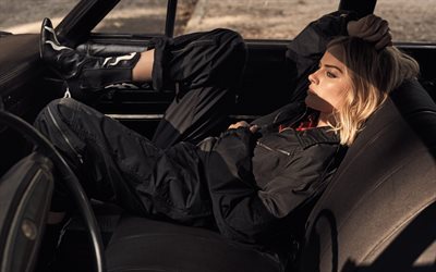 Margot Robbie, australian actress, photo shoot, blonde, black suit, woman in car
