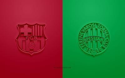 Barcelona FC vs Ferencvaros, UEFA Champions League, Grupp G, 3D-logotyper, vinr&#246;d gr&#246;n bakgrund, Champions League, fotbollsmatch, Barcelona FC, Ferencvaros