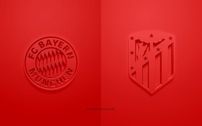 Bayern Monaco vs Atletico Madrid, UEFA Champions League, Gruppo s, loghi 3D, sfondo rosso, Champions League, partita di calcio, FC Bayern Monaco, Atletico Madrid