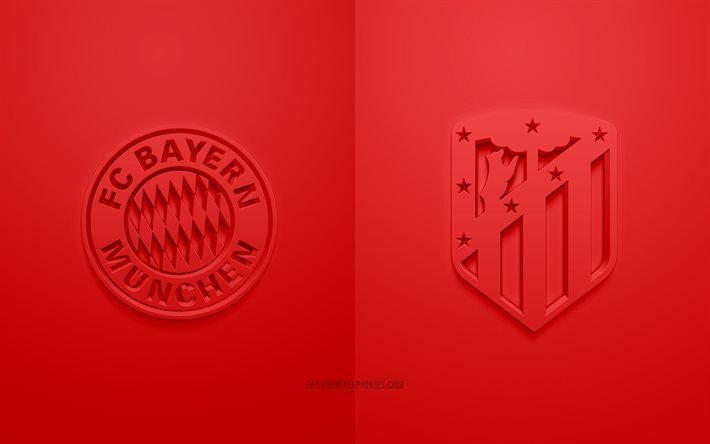 Bayern M&#252;nchen vs Atletico Madrid, UEFA Champions League, Grupp А, 3D-logotyper, r&#246;d bakgrund, Champions League, fotbollsmatch, FC Bayern M&#252;nchen, Atletico Madrid