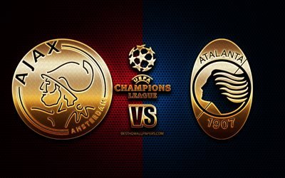 Ajax vs Atalanta, stagione 2020-2021, Gruppo D, UEFA Champions League, sfondi griglia metallica, logo glitter d&#39;oro, AFC Ajax, Atalanta BC, UEFA