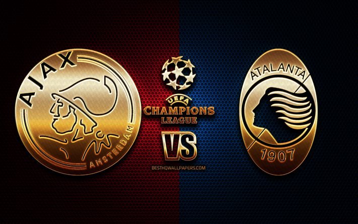 Ajax vs Atalanta, season 2020-2021, Group D, UEFA Champions League, metal grid backgrounds, golden glitter logo, AFC Ajax, Atalanta BC, UEFA