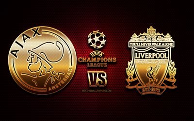 Ajax x Liverpool, temporada 2020-2021, Grupo D, UEFA Champions League, fundo de grade met&#225;lica, logotipo de glitter dourado, AFC Ajax, Liverpool FC, UEFA