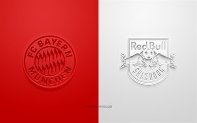 Bayern de Munique x Red Bull Salzburg, UEFA Champions League, Grupo А, logotipos 3D, fundo vermelho branco, Liga dos Campe&#245;es, partida de futebol, FC Bayern de Munique, Red Bull Salzburg