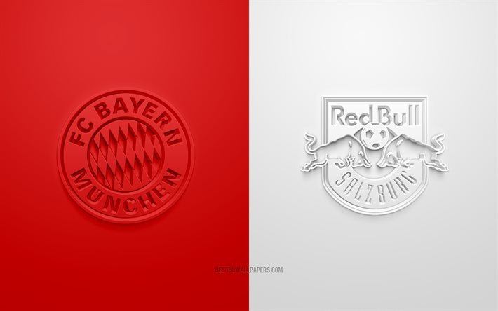 Bayern Munich vs Red Bull Salzburg, UEFA Champions League, Group А, 3D logos, red white background, Champions League, football match, FC Bayern Munich, Red Bull Salzburg