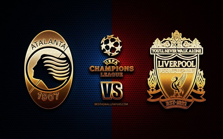 Atalanta vs Liverpool, stagione 2020-2021, Gruppo D, UEFA Champions League, sfondi griglia metallica, logo glitter d&#39;oro, Atalanta BC, Liverpool FC, UEFA