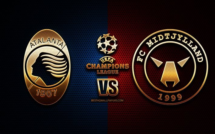 Atalanta vs Midtjylland, season 2020-2021, Group D, UEFA Champions League, metal grid backgrounds, golden glitter logo, Atalanta BC, FC Midtjylland, UEFA