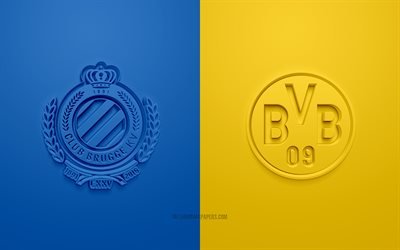 Brugge x Borussia Dortmund, UEFA Champions League, Grupo F, logotipos 3D, fundo azul e amarelo, Liga dos Campe&#245;es, partida de futebol, Club Brugge, Borussia Dortmund