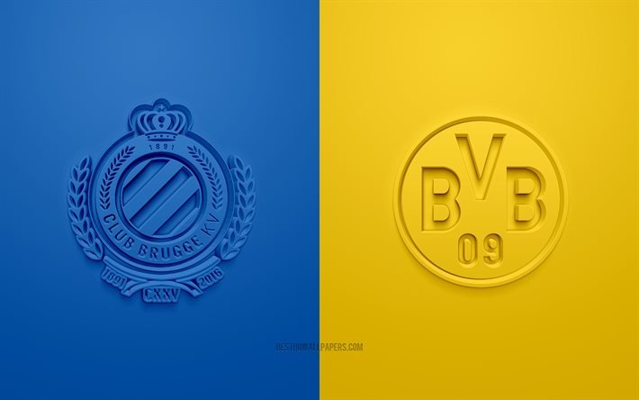 Brugge vs Borussia Dortmund, UEFA Champions League, Group F, 3D logos, blue and yellow background, Champions League, football match, Club Brugge, Borussia Dortmund