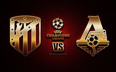 Atletico Madrid vs Lokomotiv Moscow, season 2020-2021, Group A, UEFA Champions League, metal grid backgrounds, golden glitter logo, Atletico Madrid FC, Lokomotiv Moscow FC, UEFA