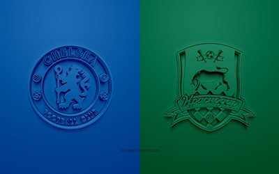 Chelsea FC vs FC Krasnodar, UEFA Champions League, Group Е, 3D logos, blue-green background, Champions League, football match, Chelsea FC, FC Krasnodar