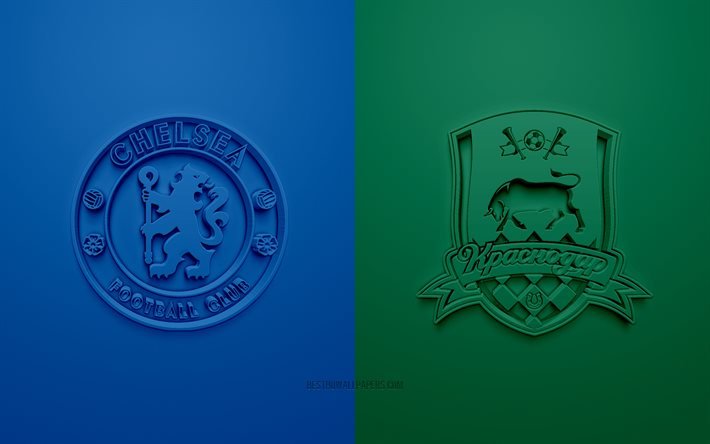 Chelsea FC vs FC Krasnodar, Liga de Campeones de la UEFA, Grupo, logotipos 3D, fondo azul-verde, Liga de Campeones, partido de f&#250;tbol, Chelsea FC, FC Krasnodar