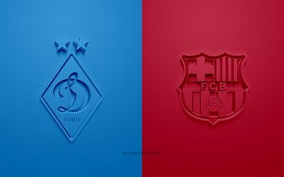 FC Dynamo Kyiv vs Barcelona FC, UEFA Champions League, Group G, 3D logos, blue burgundy background, Champions League, football match, FC Dynamo Kyiv, Barcelona FC
