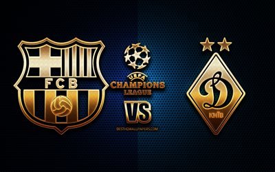 Barcelona vs Dynamo Kyiv, season 2020-2021, Group G, UEFA Champions League, metal grid backgrounds, golden glitter logo, FC Barcelona, FC Dynamo Kyiv, UEFA