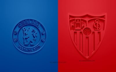 Chelsea FC vs Sevilla, UEFA Champions League, Grupo E, logotipos 3D, fundo vermelho azul, Liga dos Campe&#245;es, partida de futebol, Chelsea FC, Sevilla