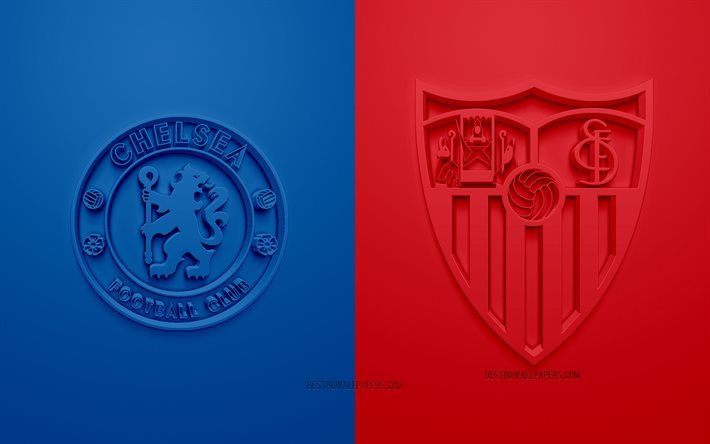 Chelsea FC vs Sevilla, UEFA Champions League, Grupo E, logotipos 3D, fondo rojo azul, Champions League, partido de f&#250;tbol, Chelsea FC, Sevilla
