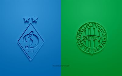 FC Dynamo Kyiv vs Ferencvaros, UEFA Champions League, Grupo G, logotipos 3D, fundo verde azul, Liga dos Campe&#245;es, partida de futebol, FC Dynamo Kyiv, Ferencvaros