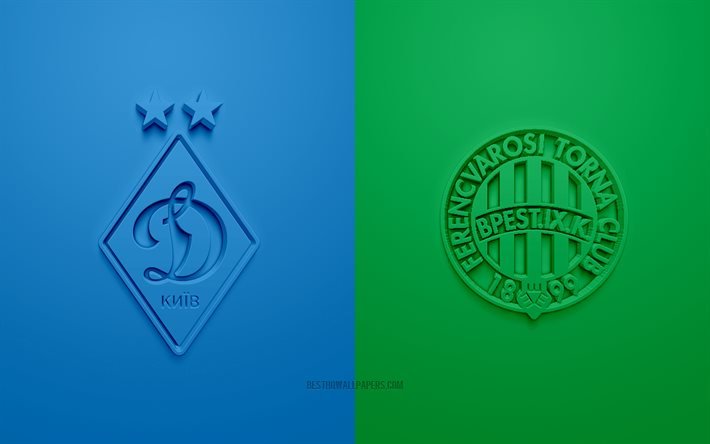 FC Dynamo Kyiv vs Ferencvaros, UEFA Champions League, Group G, logotipos 3D, fondo verde azul, Champions League, partido de f&#250;tbol, FC Dynamo Kyiv, Ferencvaros
