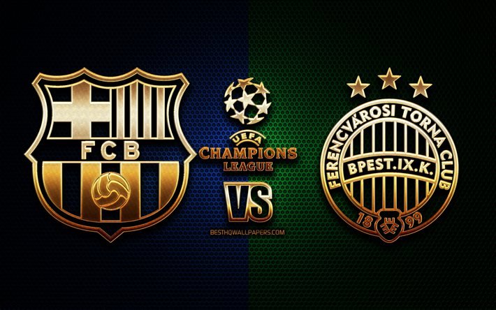 Barcelona vs Ferencvaros, sezon 2020-2021, G Grubu, UEFA Şampiyonlar Ligi, metal ızgara arka planlar, altın glitter logosu, FC Barcelona, Ferencvaros TC, UEFA