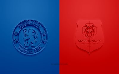 Chelsea FC vs Stade Rennais, UEFA Champions League, Grupo E, logotipos 3D, fundo vermelho azul, Liga dos Campe&#245;es, partida de futebol, Chelsea FC, Stade Rennais