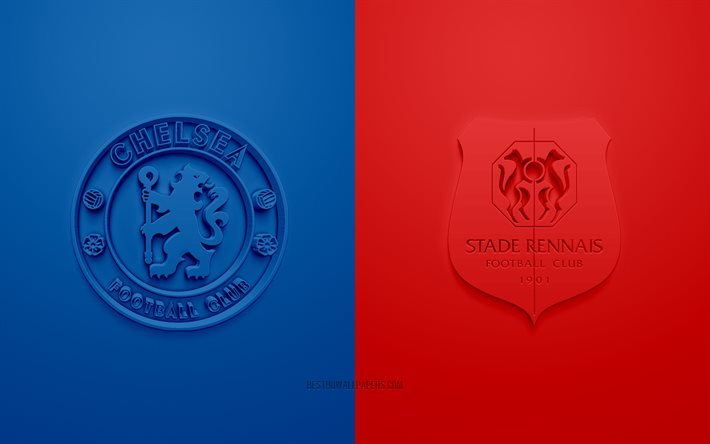 Chelsea FC vs Stade Rennais, UEFA Champions League, Grupo E, logotipos 3D, fondo rojo azul, Champions League, partido de f&#250;tbol, Chelsea FC, Stade Rennais